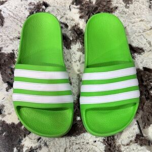 adidas Kids Lime green Slide Sandals with White Stripes
